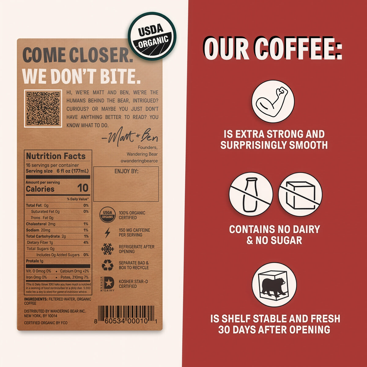 Wandering Bear Straight Black Organic Cold Brew Coffee On Tap 96 oz